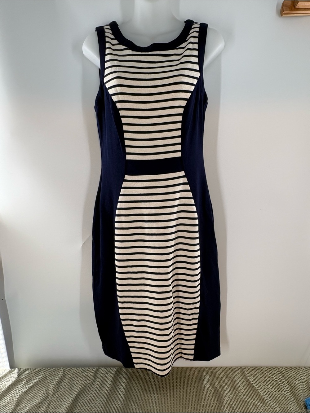 Yoana Baraschi Striped Illusion Sheath Dress Navy Blue Cream Knit Bodycon Medium